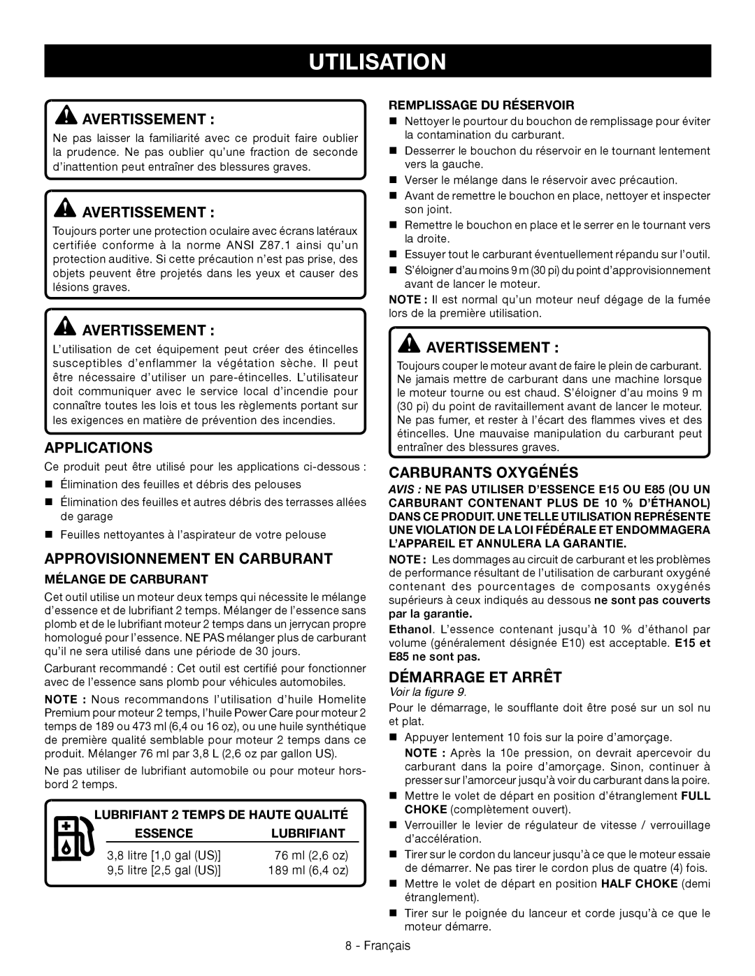 Ryobi RY09056 manuel dutilisation Utilisation, Approvisionnement EN Carburant, Carburants Oxygénés, Démarrage ET Arrêt 