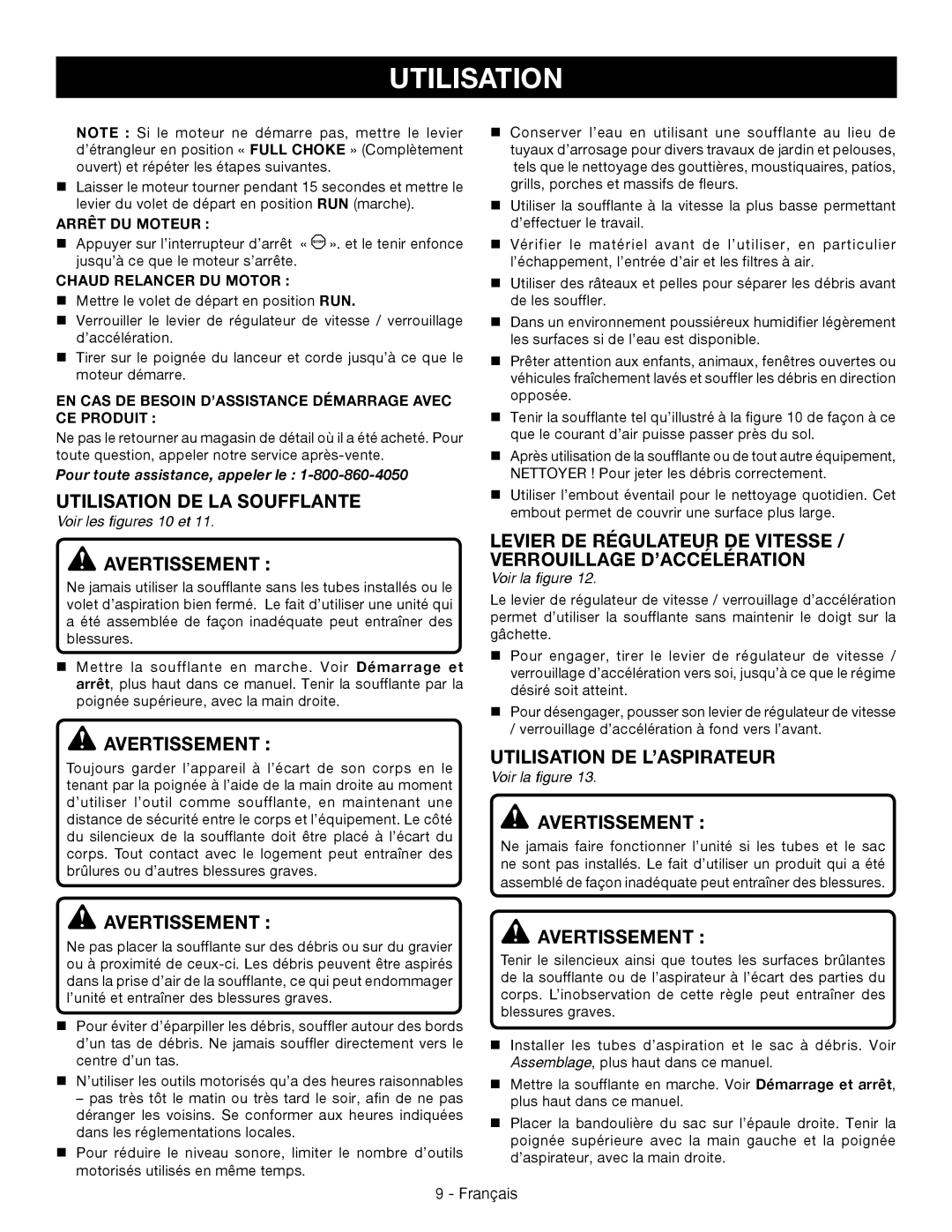 Ryobi RY09056 Utilisation DE LA Soufflante, Utilisation de l’aspirateur, Arrêt DU Moteur, Voir les figures 10 et 