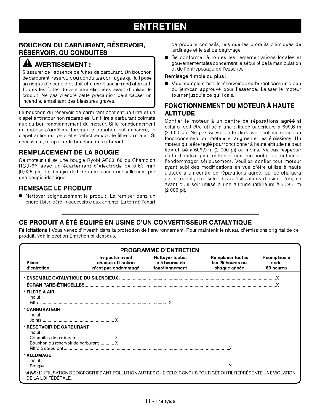 Ryobi RY09056 Bouchon DU carburant, RÉSERVOIR, réservoir, ou conduites, REMPLACement de la Bougie, Remisage le produit 