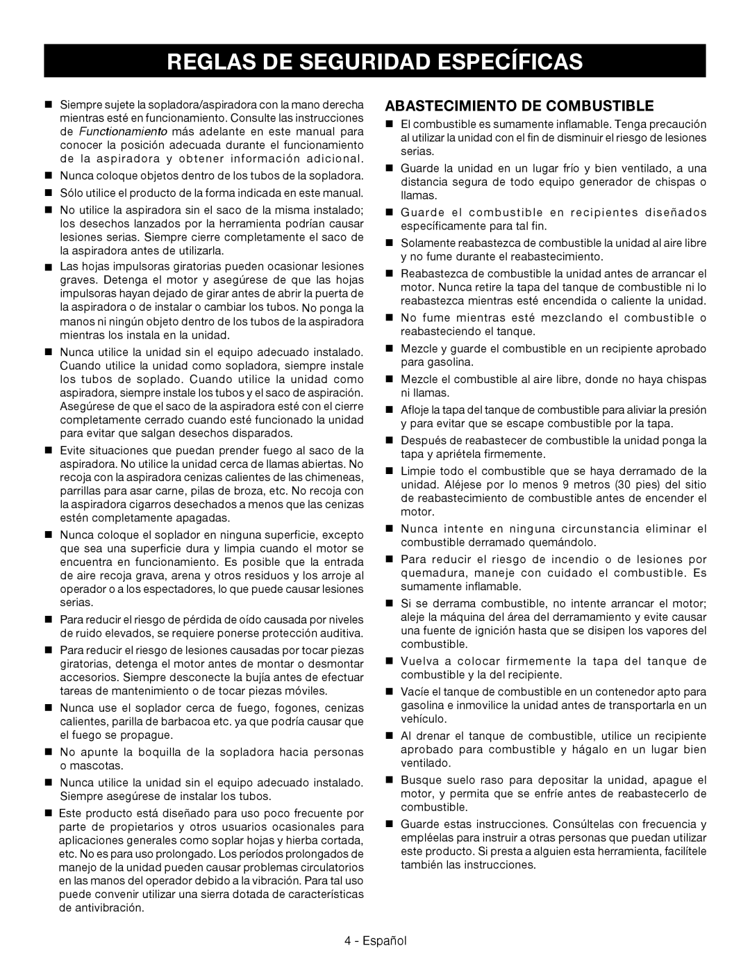 Ryobi RY09056 manuel dutilisation Reglas de seguridad específicas, Abastecimiento de combustible 