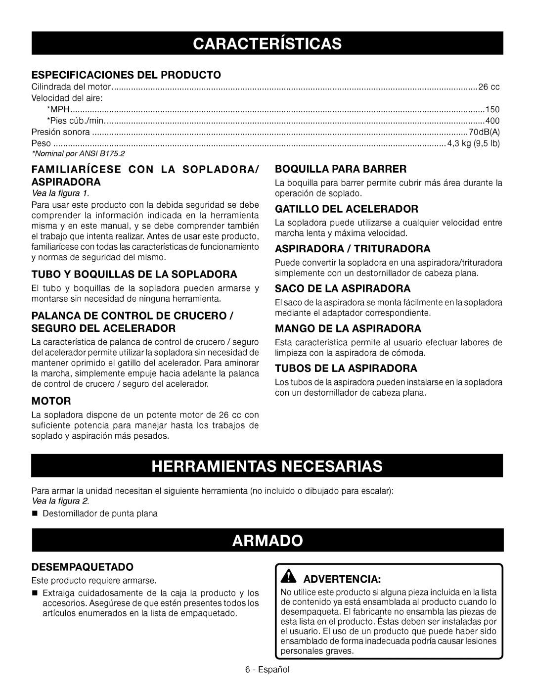 Ryobi RY09056 manuel dutilisation Características, Herramientas necesarias, Armado 