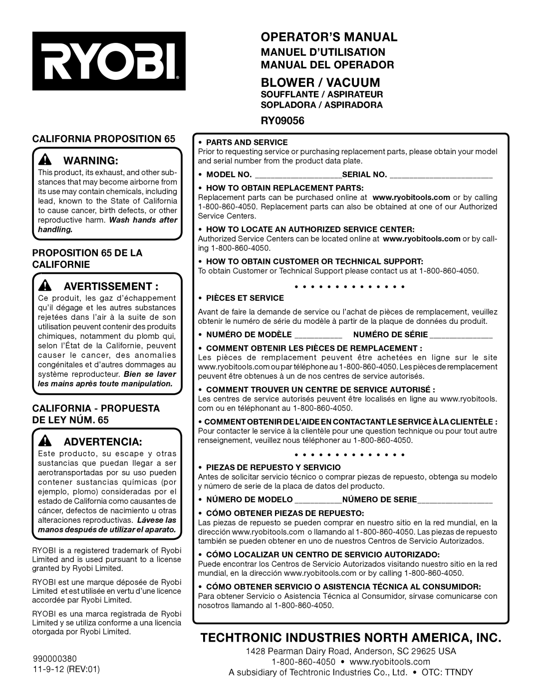 Ryobi RY09056 manuel dutilisation Manuel D’UTILISATION Manual DEL Operador, Soufflante / Aspirateur Sopladora / Aspiradora 