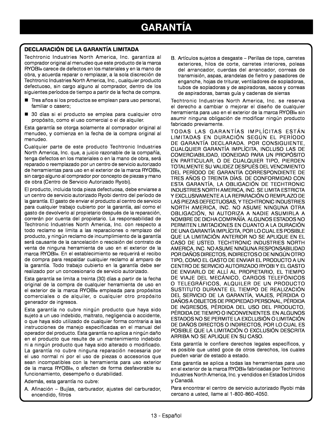 Ryobi RY09056 manuel dutilisation Declaración De La Garantía Limitada 