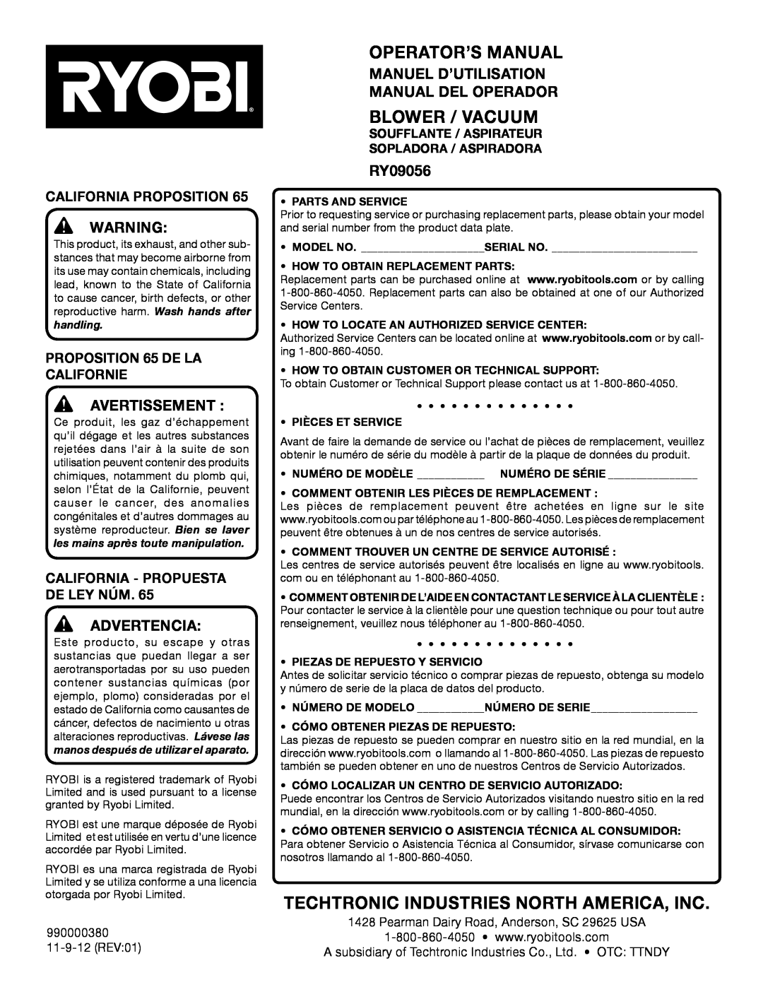 Ryobi RY09056 Manuel D’Utilisation Manual Del Operador, California Proposition, Proposition 65 de la Californie 
