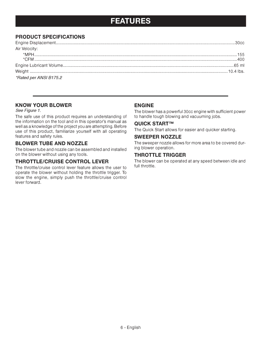 Ryobi RY09460 Product Specifications, Know Your Blower, Blower Tube and Nozzle, THROTTLE/CRUISE Control Lever, Engine 