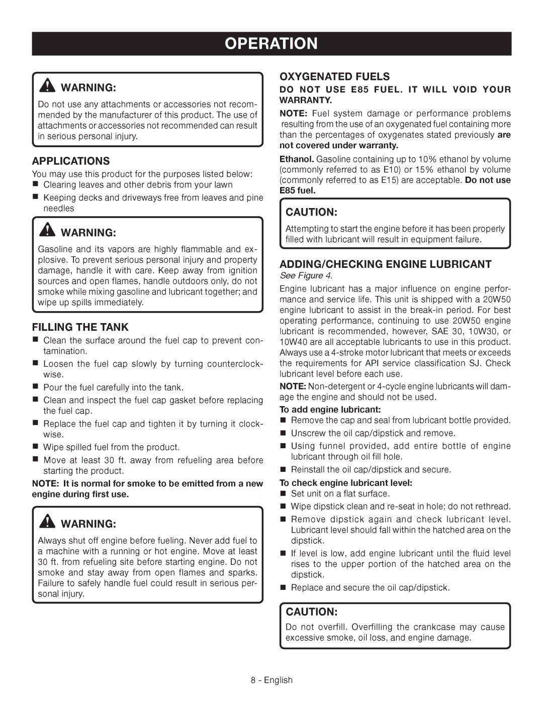 Ryobi RY09460 manuel dutilisation Applications, Filling the Tank, Oxygenated Fuels, ADDING/CHECKING Engine Lubricant 