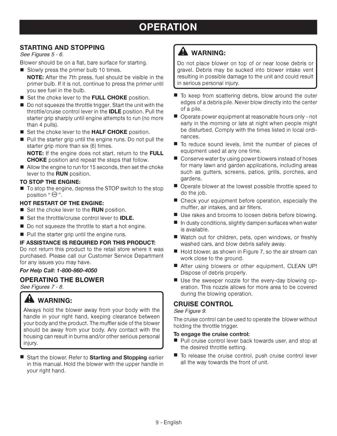 Ryobi RY09460 manuel dutilisation Starting and Stopping, Operating the Blower, Cruise Control 