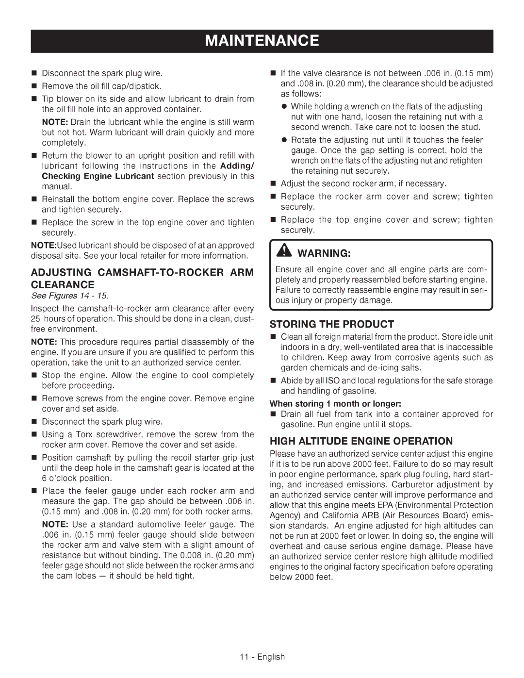 Ryobi RY09460 Adjusting CAMSHAFT-TO-ROCKER ARM Clearance, Storing the Product, High Altitude Engine Operation 