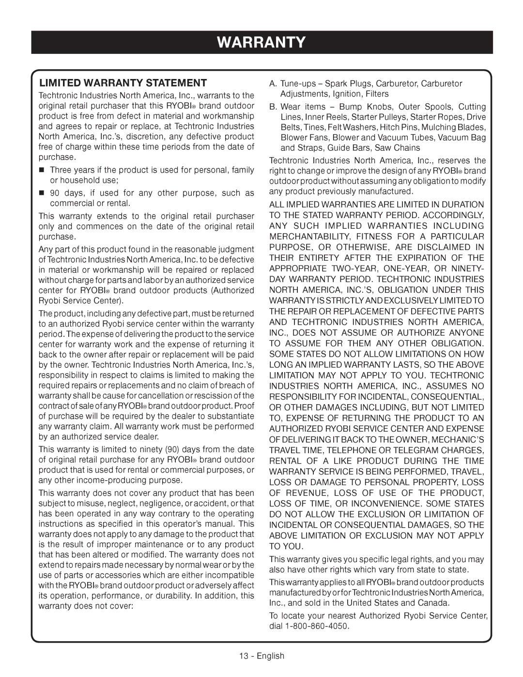 Ryobi RY09460 manuel dutilisation Limited Warranty Statement 