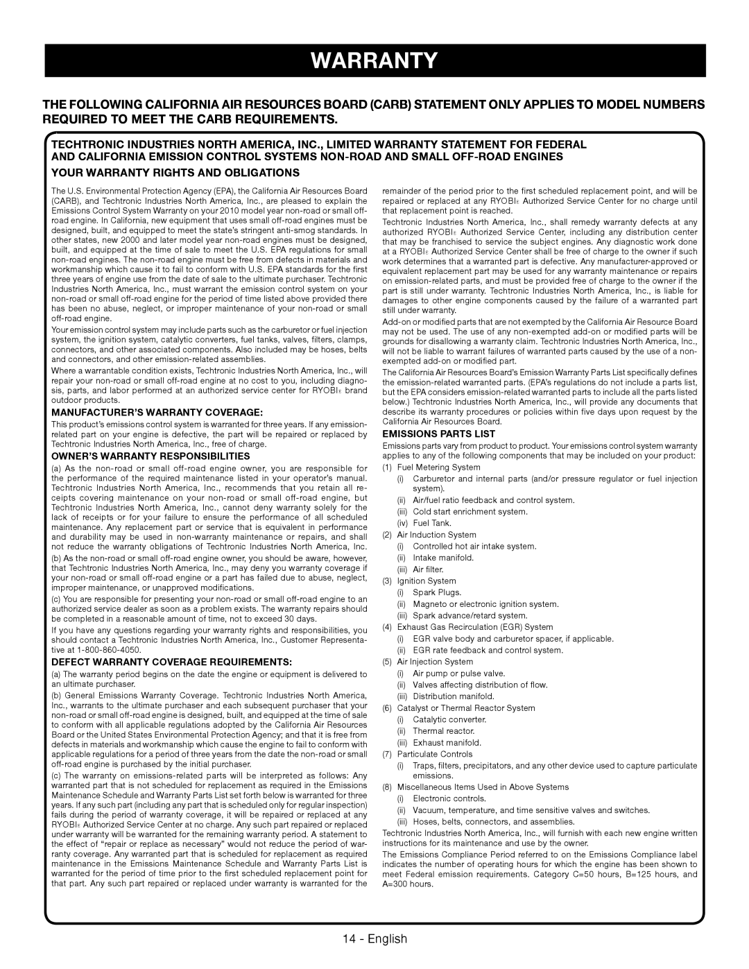 Ryobi RY09460 MANUFACTURER’S Warranty Coverage, OWNER’S Warranty Responsibilities, Defect Warranty Coverage Requirements 