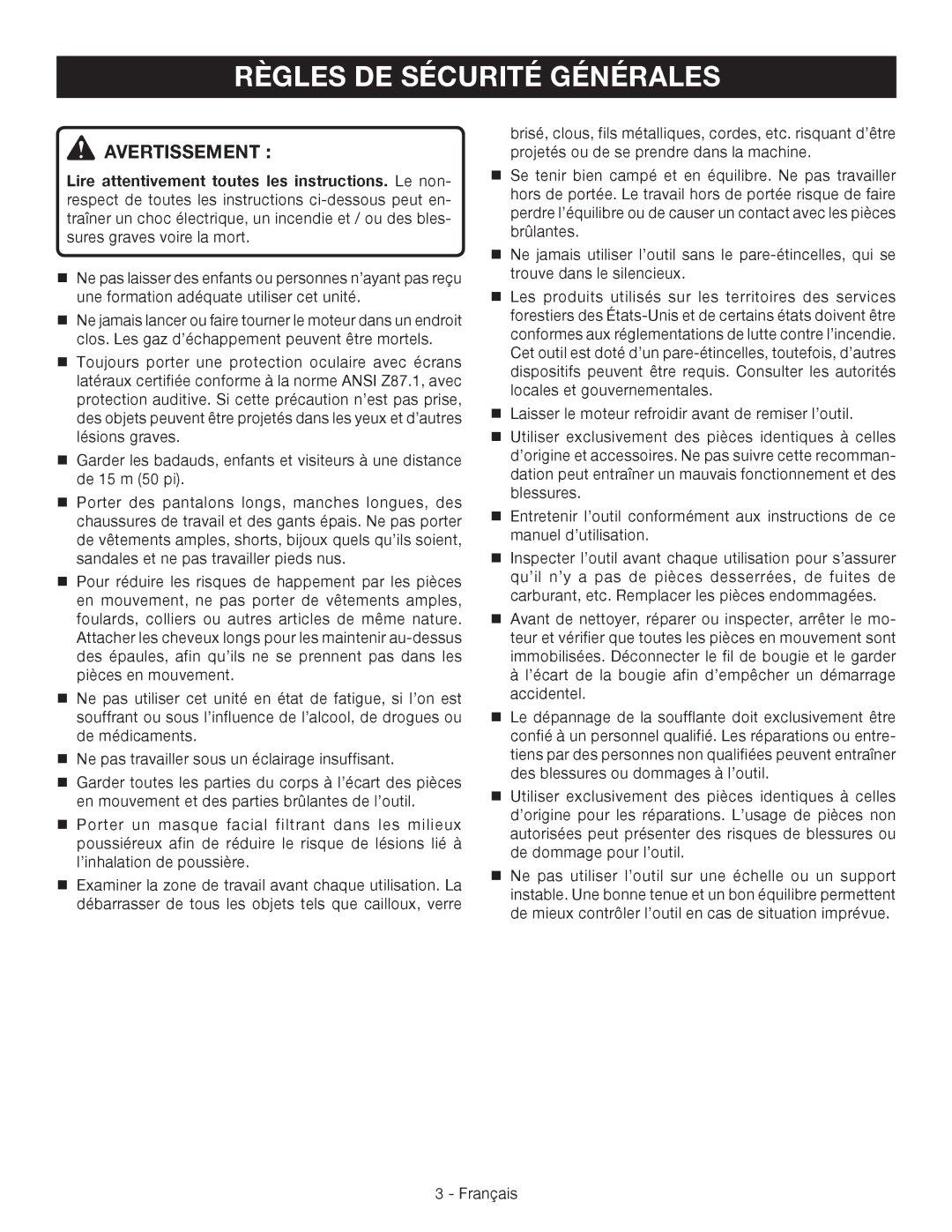 Ryobi RY09460 manuel dutilisation Règles DE Sécurité Générales, Avertissement 