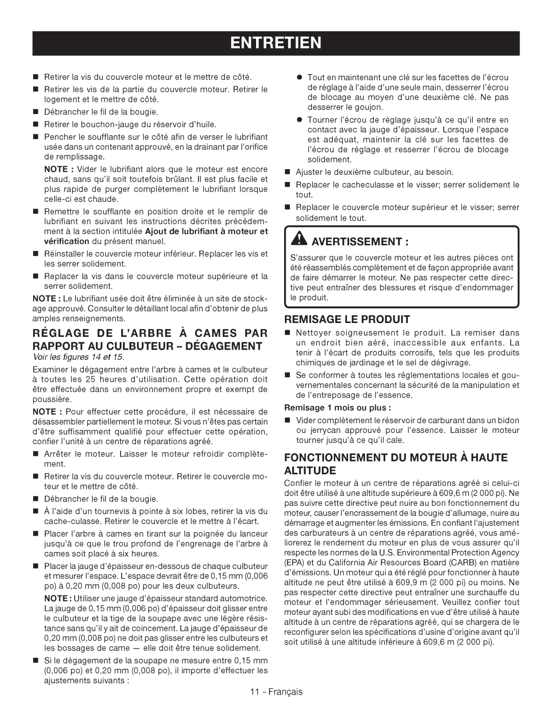 Ryobi RY09460 manuel dutilisation Remisage LE Produit, Fonctionnement DU Moteur À Haute Altitude, Voir les figures 14 et 