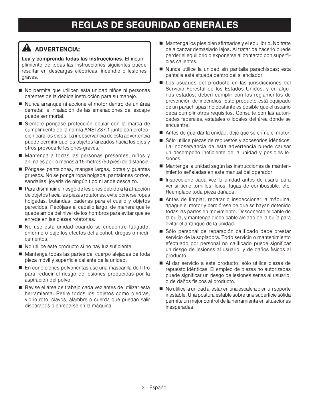 Ryobi RY09460 manuel dutilisation Reglas DE Seguridad Generales, Advertencia 