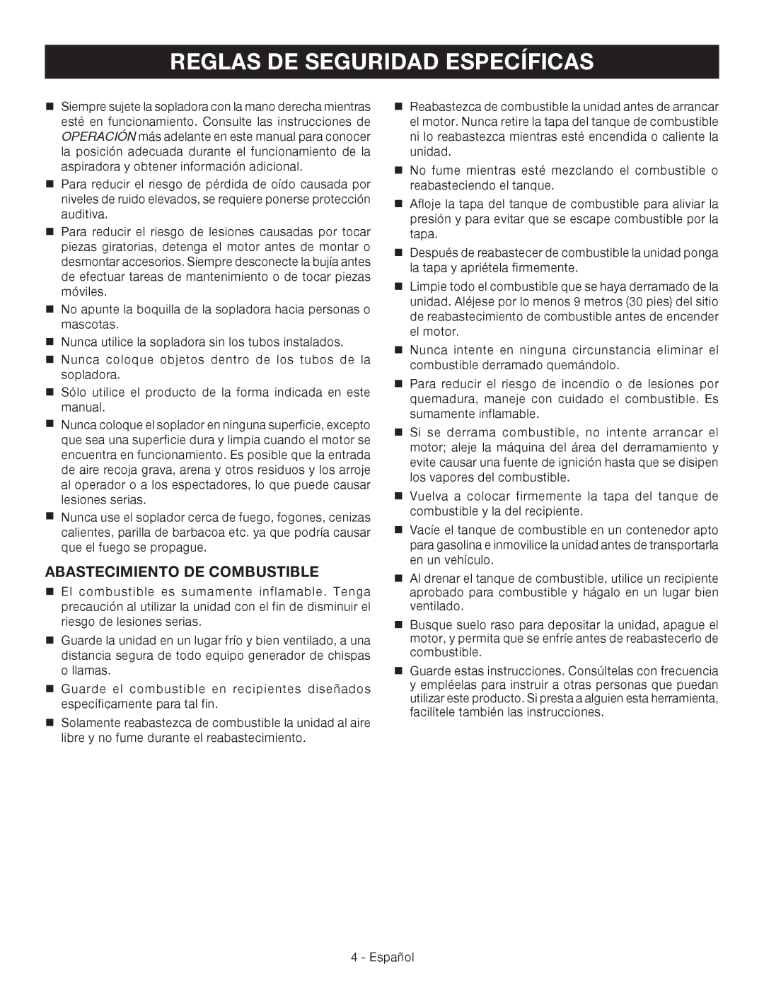 Ryobi RY09460 manuel dutilisation Reglas DE Seguridad Específicas, Abastecimiento DE Combustible 