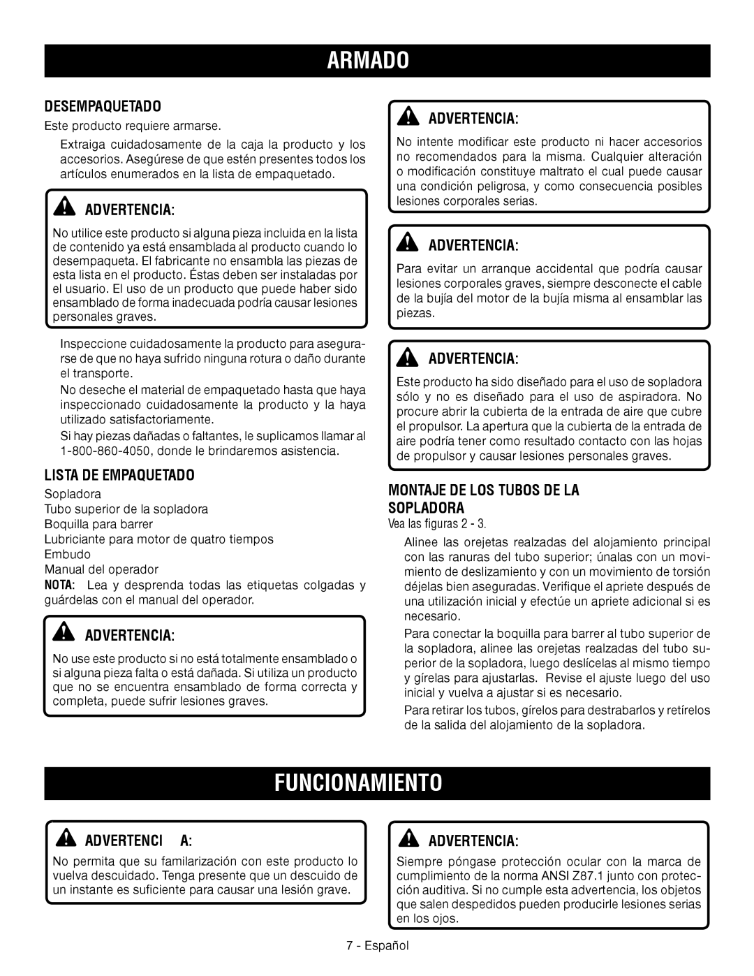 Ryobi RY09460 manuel dutilisation Armado, Funcionamiento 