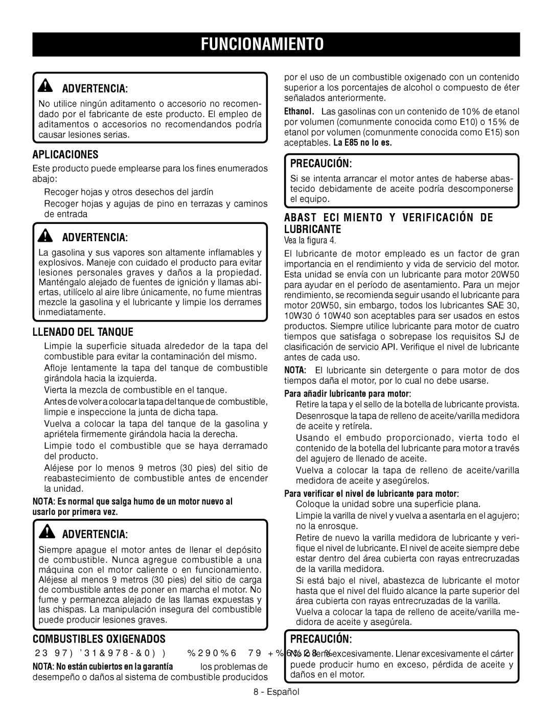 Ryobi RY09460 Aplicaciones, Llenado DEL Tanque, Abastecimiento Y Verificación DE Lubricante, Combustibles Oxigenados 