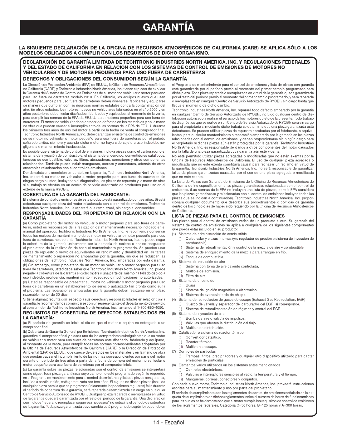 Ryobi RY09460 manuel dutilisation Cobertura DE LA Garantía DEL Fabricante, Lista DE Piezas Para EL Control DE Emisiones 