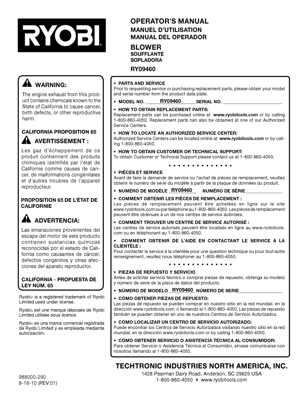 Ryobi RY09460 Manuel D’UTILISATION Manual DEL Operador, California Proposition, Proposition 65 DE L’ÉTAT DE Californie 