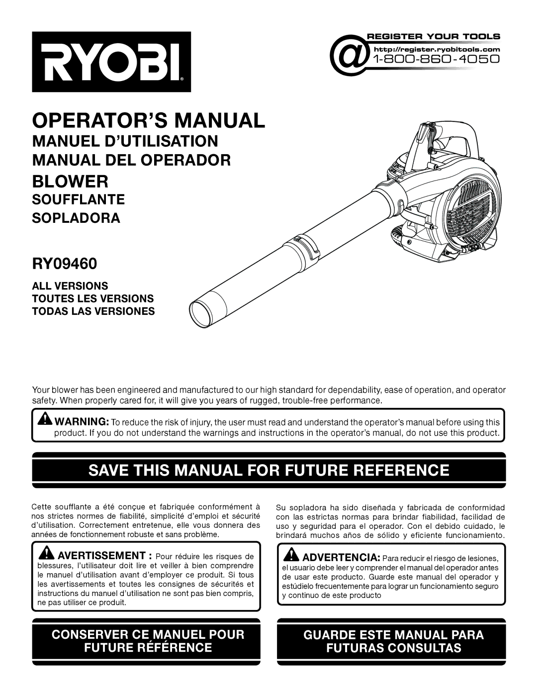 Ryobi RY09460 manuel dutilisation Save this Manual for Future Reference 