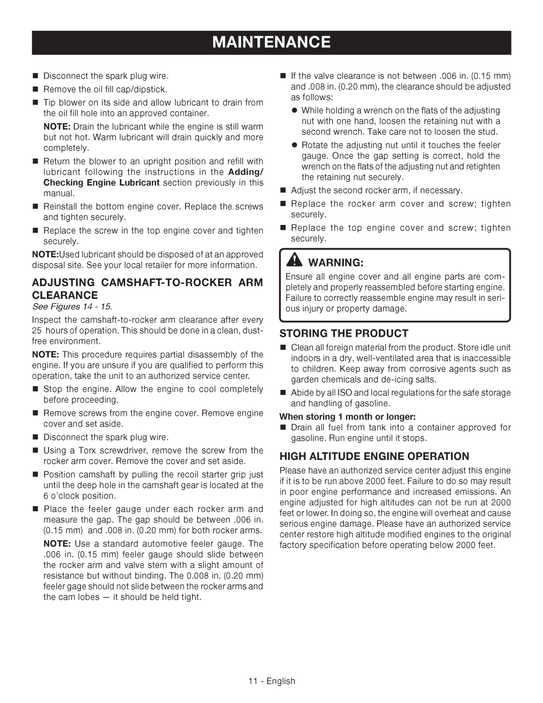 Ryobi RY09460 Adjusting CAMSHAFT-TO-ROCKER ARM Clearance, Storing the Product, High Altitude Engine Operation 