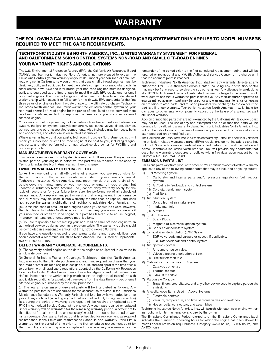 Ryobi RY09460 MANUFACTURER’S Warranty Coverage, OWNER’S Warranty Responsibilities, Defect Warranty Coverage Requirements 