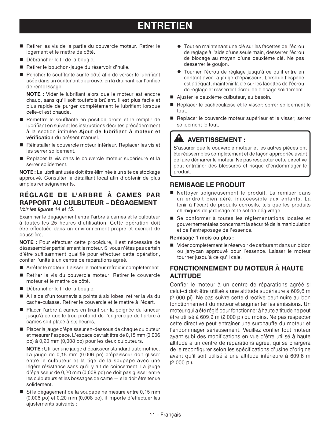 Ryobi RY09460 manuel dutilisation Remisage LE Produit, Fonctionnement DU Moteur À Haute Altitude, Voir les figures 14 et 