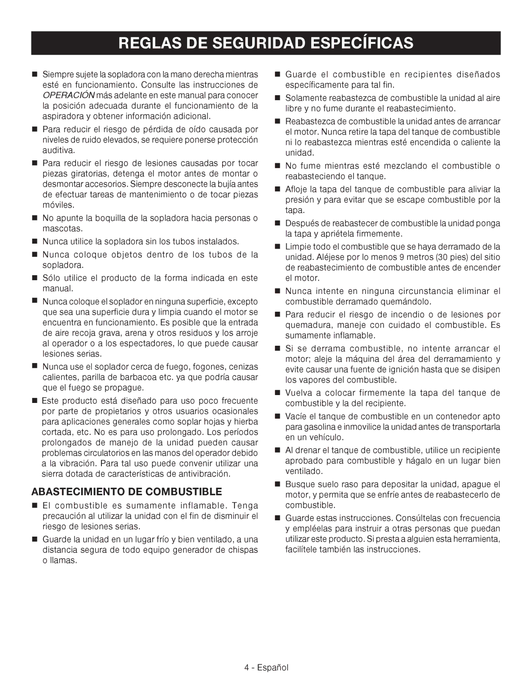 Ryobi RY09460 manuel dutilisation Reglas DE Seguridad Específicas, Abastecimiento DE Combustible 