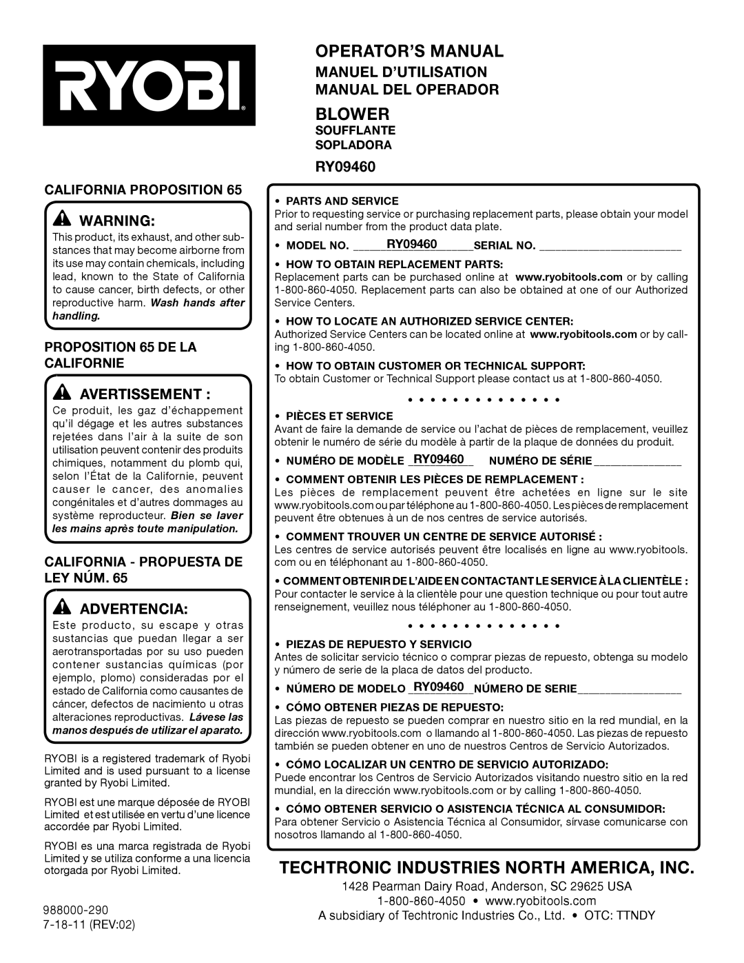 Ryobi RY09460 manuel dutilisation Manuel D’UTILISATION Manual DEL Operador, Soufflante Sopladora 