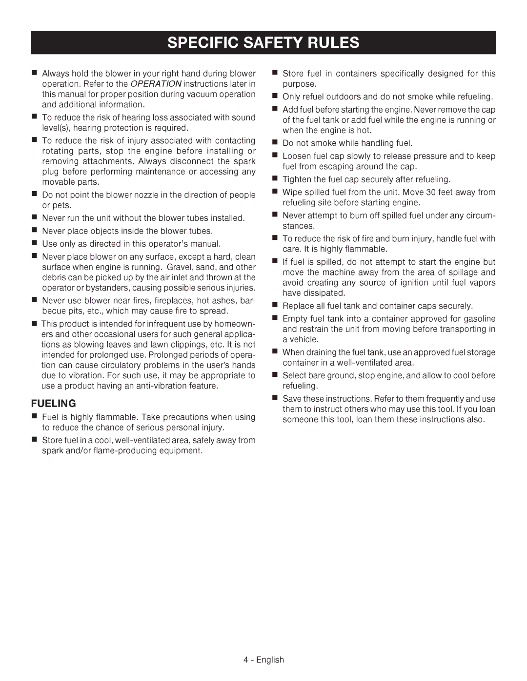 Ryobi RY09460 manuel dutilisation Specific Safety Rules, Fueling 