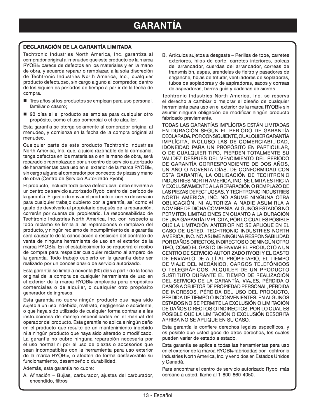 Ryobi RY09460 manuel dutilisation Declaración De La Garantía Limitada 