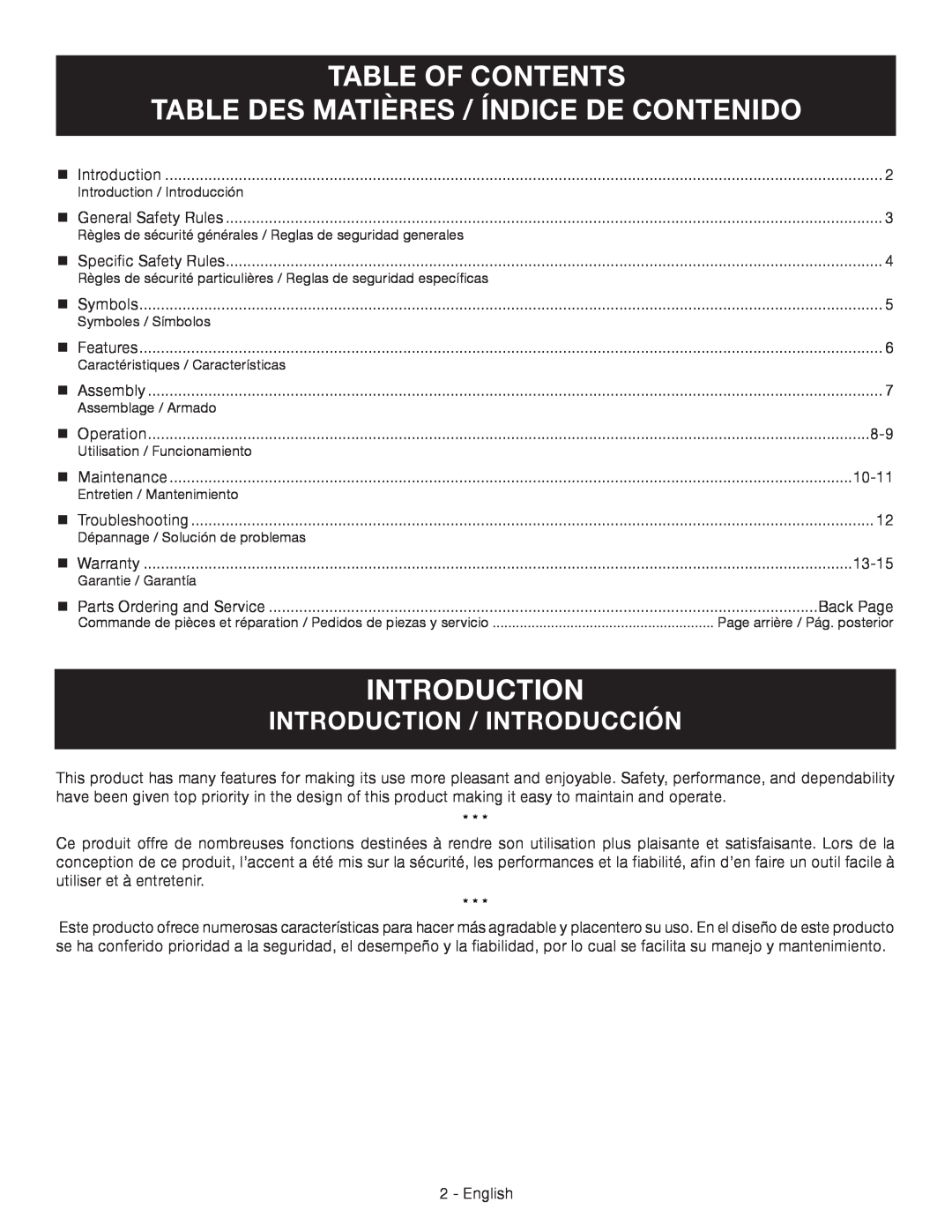 Ryobi RY09460 Table Of Contents Table Des Matières / Índice De Contenido, Introduction / Introducción 