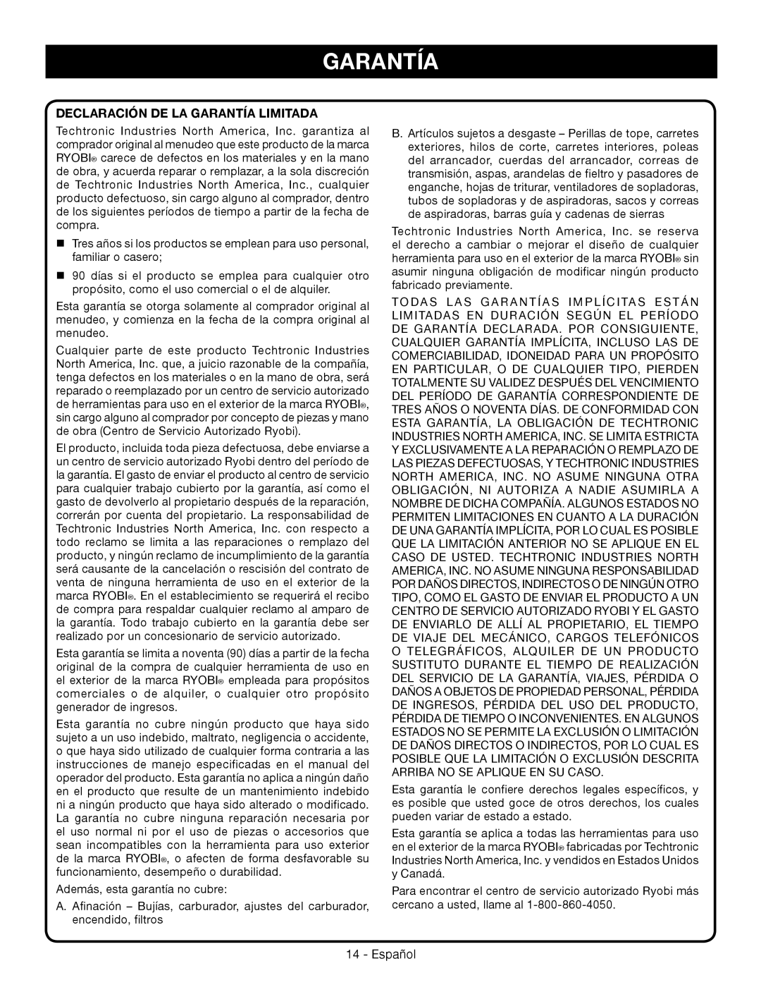 Ryobi RY09460 manuel dutilisation Declaración De La Garantía Limitada 