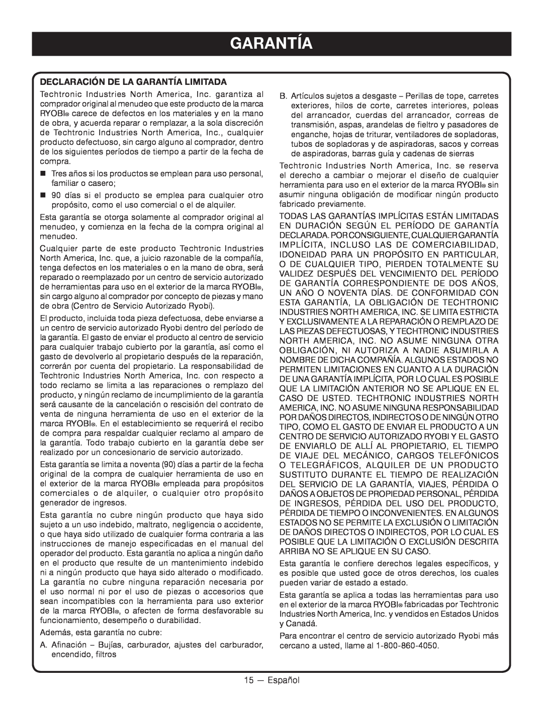 Ryobi RY09605 manuel dutilisation Declaración De La Garantía Limitada 