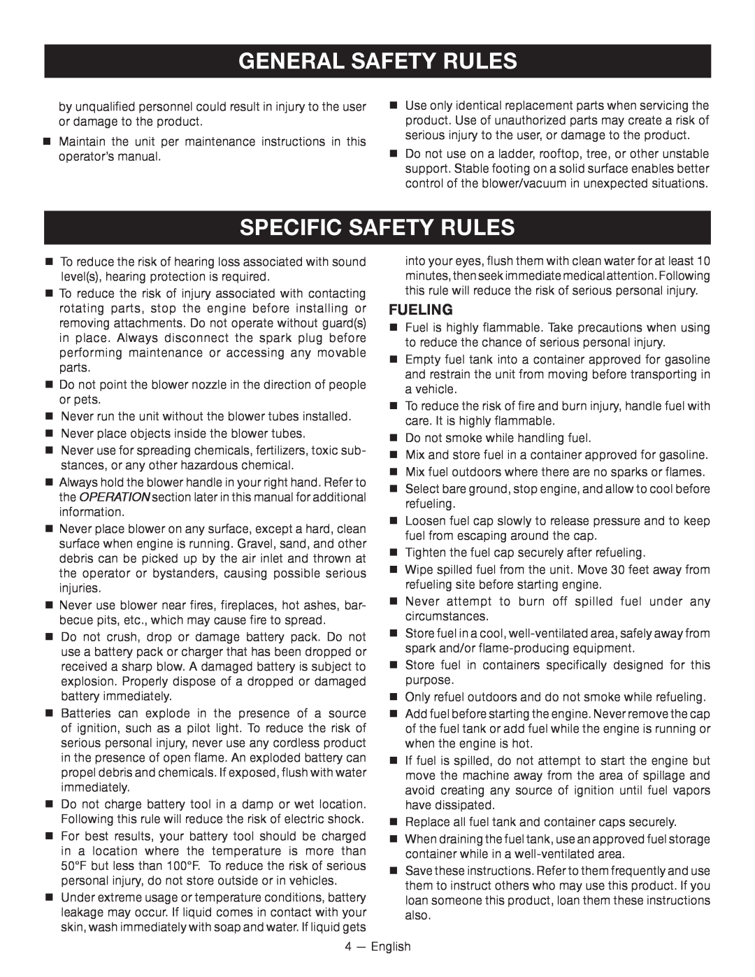 Ryobi RY09605 manuel dutilisation specific SAFETY RULES, fueling, General Safety Rules 