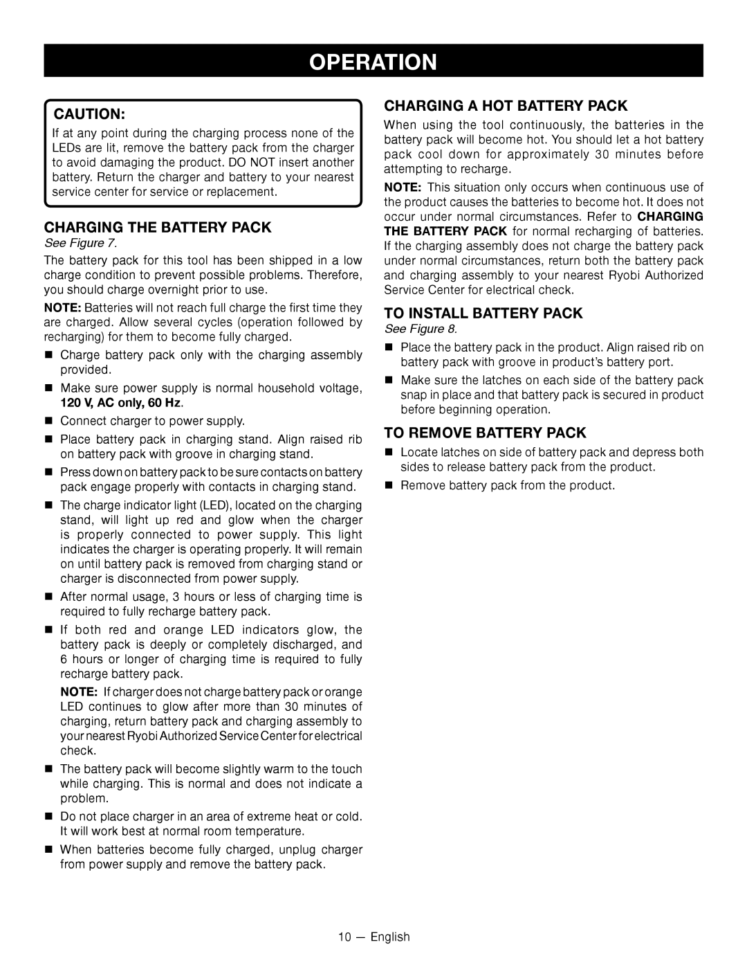Ryobi RY09701 Charging the Battery Pack, Charging a HOT Battery Pack, To install Battery Pack, To Remove Battery Pack 