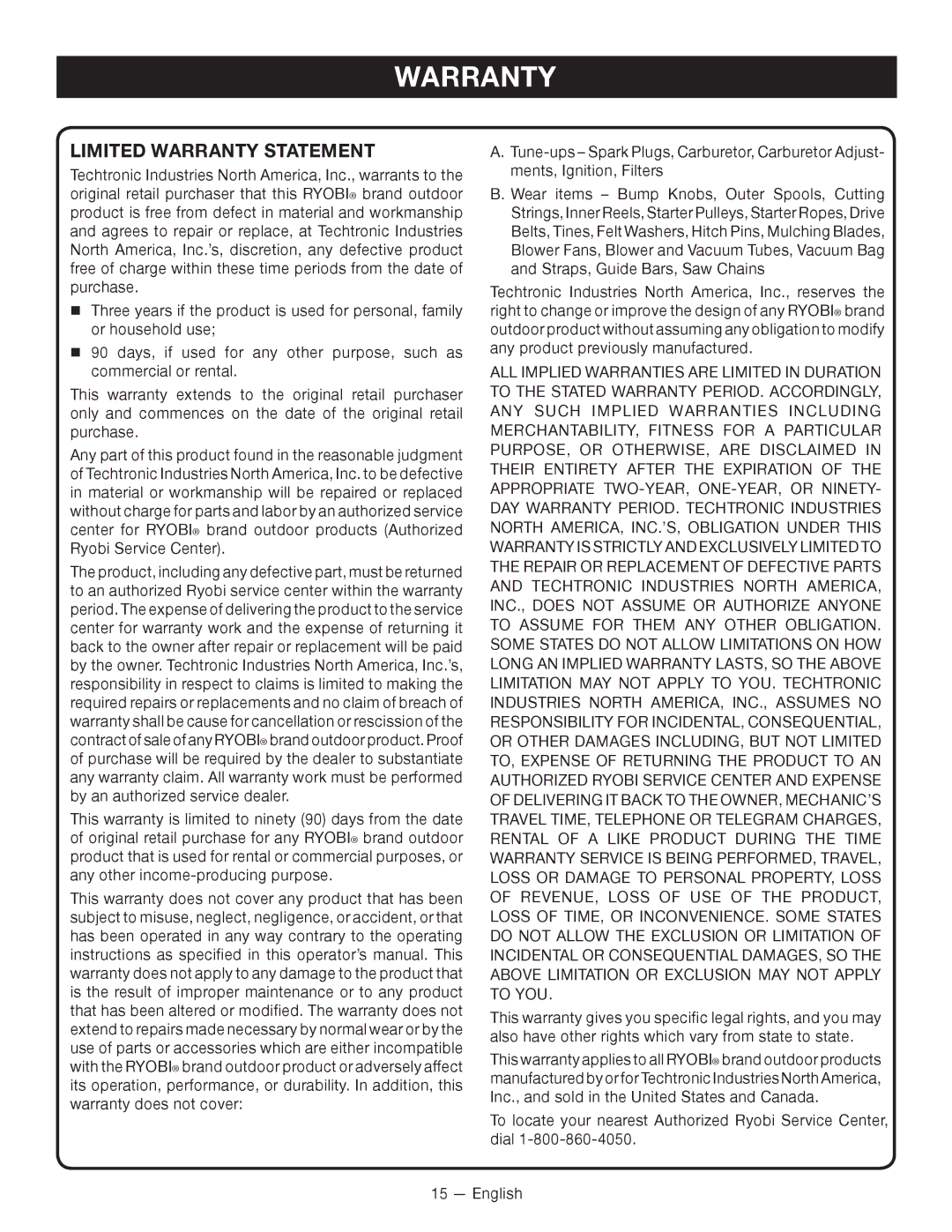 Ryobi RY09600, RY09701 manuel dutilisation Limited Warranty Statement 