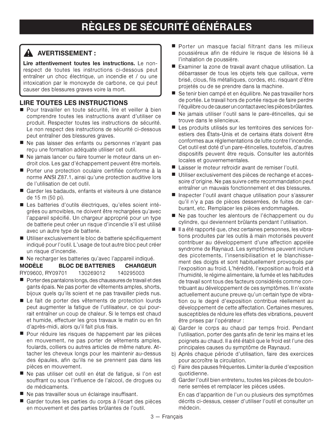 Ryobi RY09600, RY09701 manuel dutilisation Règles DE Sécurité Générales, Avertissement , Lire Toutes LES Instructions 