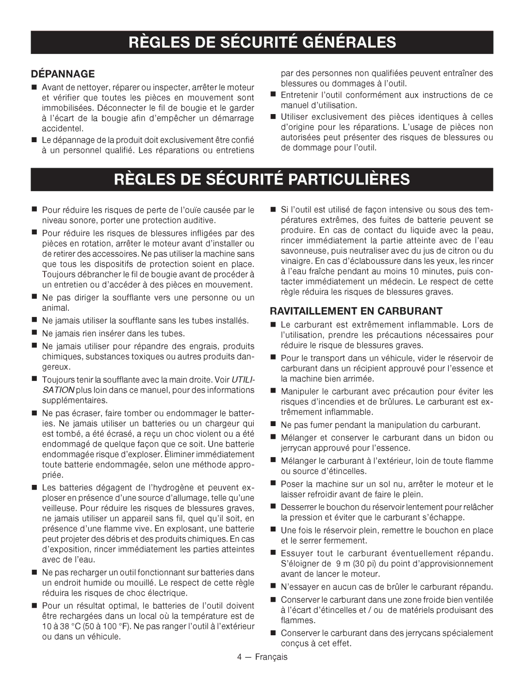 Ryobi RY09701, RY09600 manuel dutilisation Règles DE Sécurité Particulières, Dépannage, Ravitaillement en carburant 