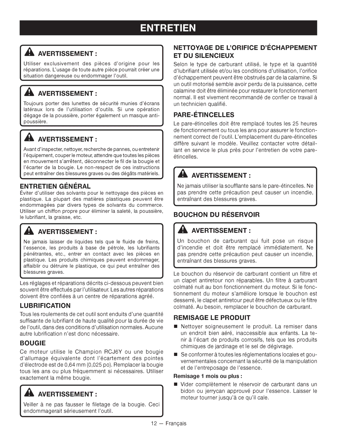 Ryobi RY09701, RY09600 manuel dutilisation Entretien 