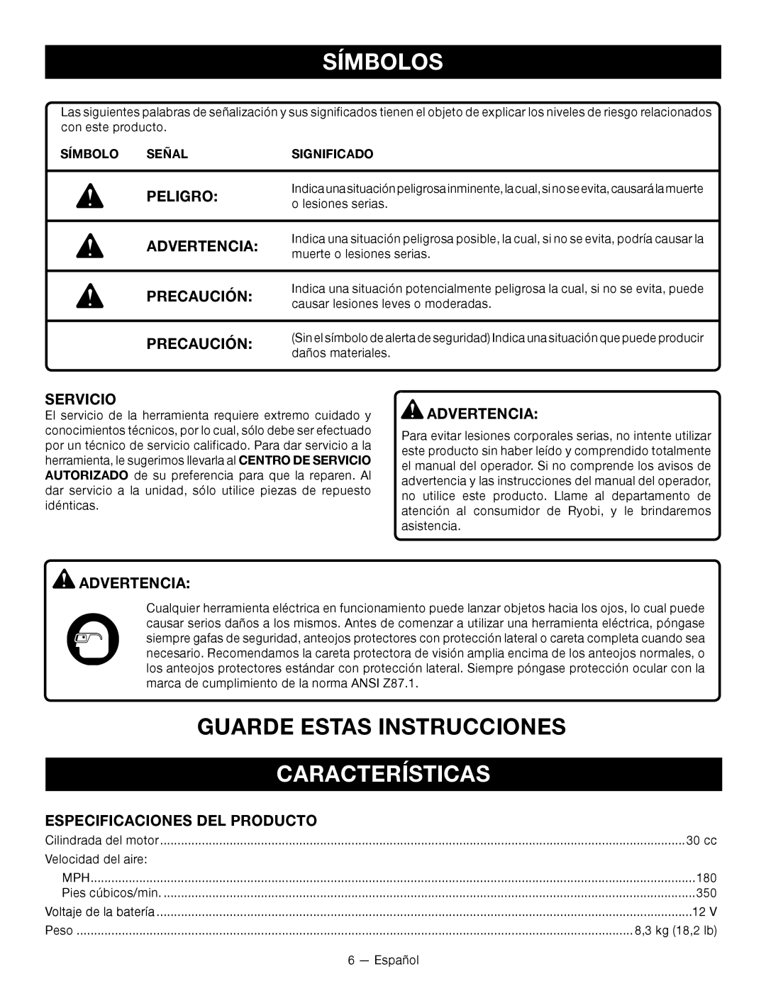 Ryobi RY09701, RY09600 manuel dutilisation Peligro, Especificaciones DEL Producto, Símbolo Señal Significado 