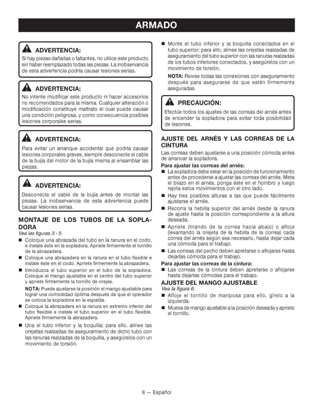 Ryobi RY09701, RY09600 Montaje DE LOS Tubos DE LA SOPLA- Dora, Vea las figuras 3, Para ajustar las correas del arnés 