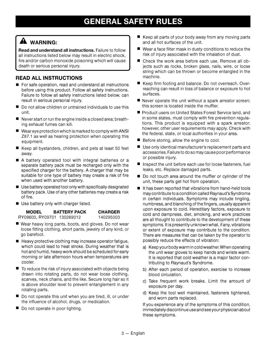 Ryobi RY09600, RY09701 manuel dutilisation General Safety Rules, Read all instructions, Model Battery Pack Charger 