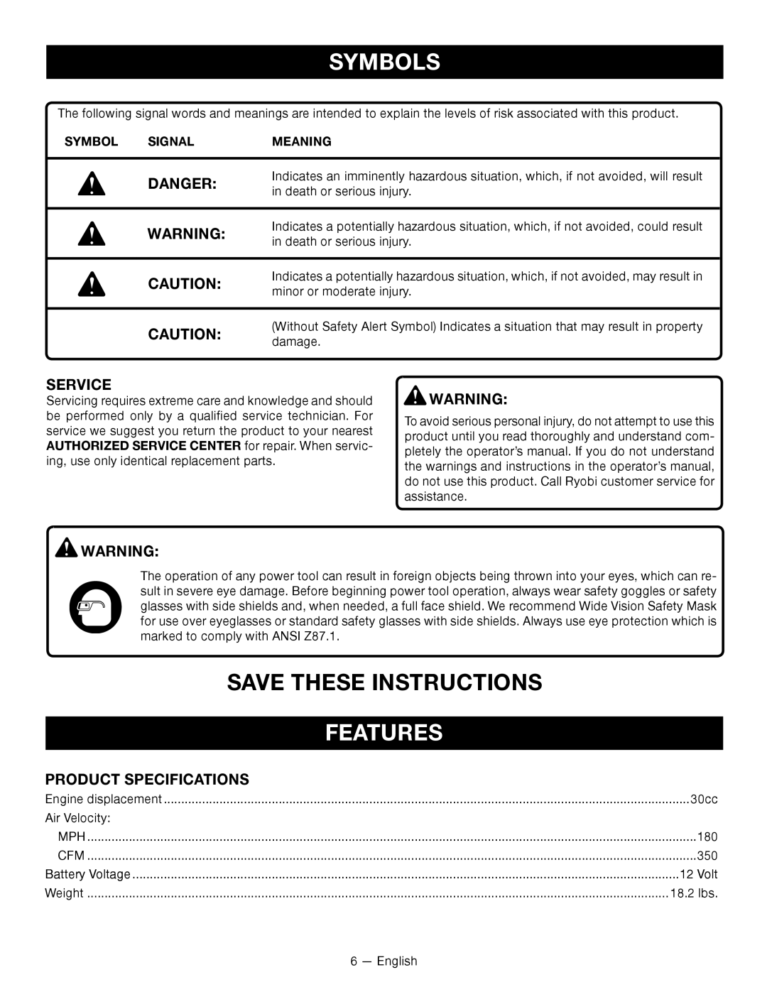 Ryobi RY09701, RY09600 manuel dutilisation Product Specifications, Symbol Signal Meaning 