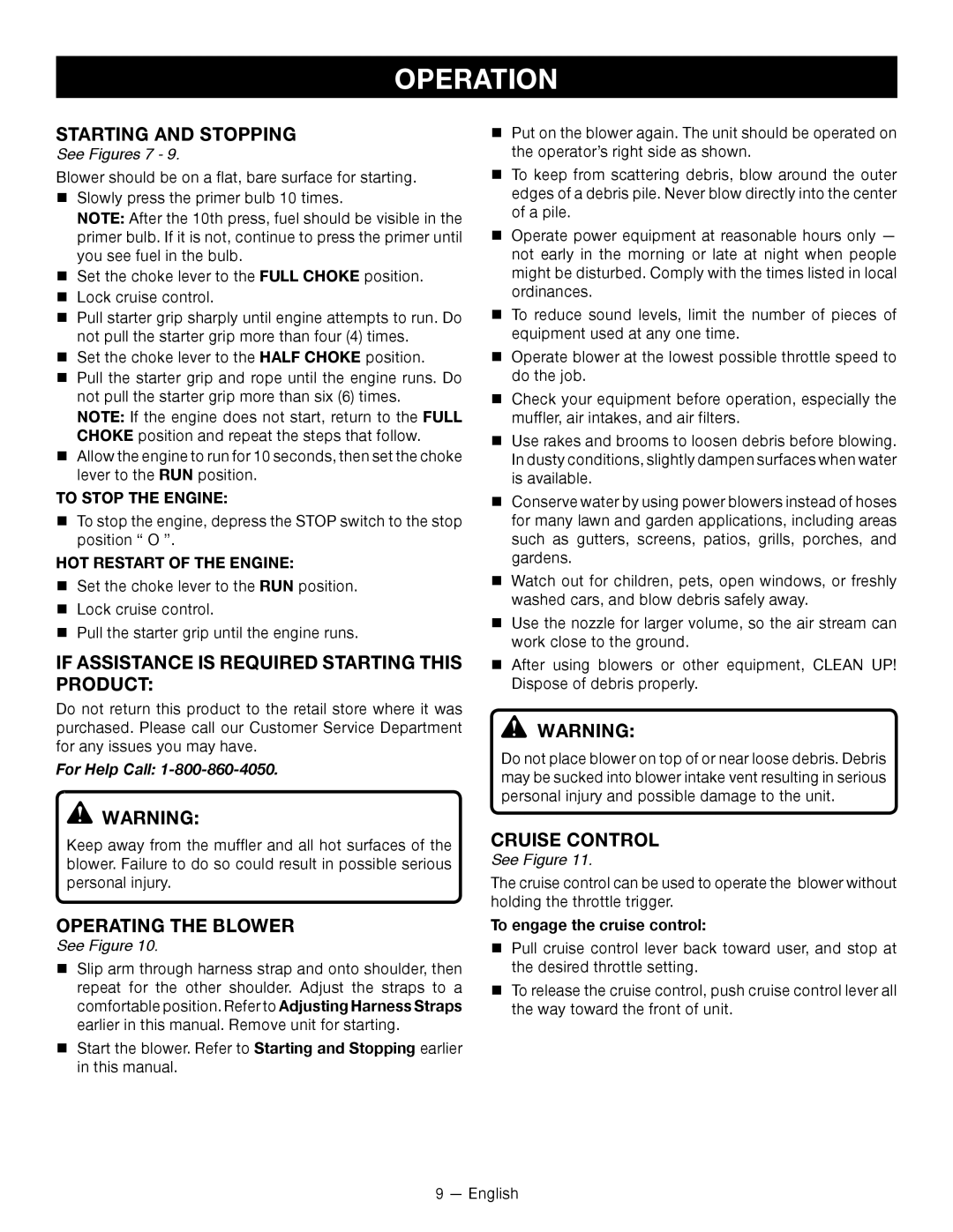 Ryobi RY09800 Starting and Stopping, If assistance is required Starting this product, Operating the Blower, See Figures 7 