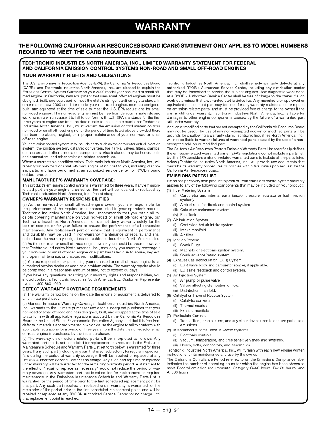 Ryobi RY09800 manuel dutilisation MANUFACTURER’S Warranty Coverage 