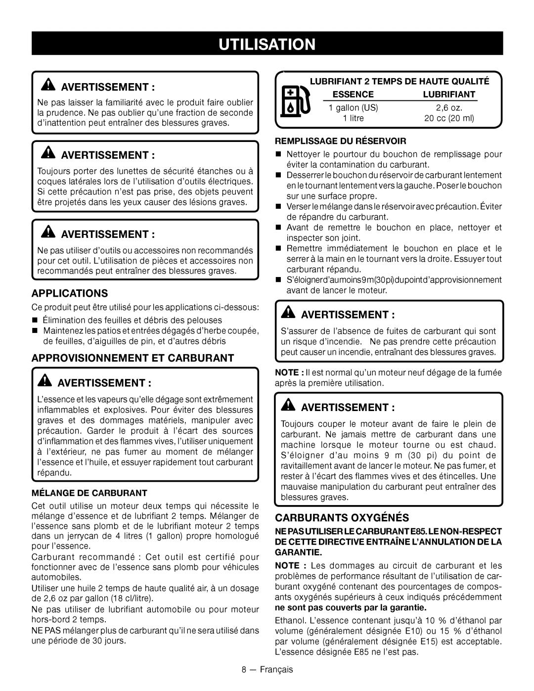 Ryobi RY09800 manuel dutilisation Utilisation, Avertissement, Approvisionnement Et Carburant, Carburants Oxygénés 