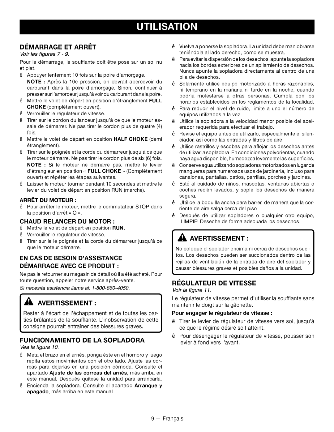 Ryobi RY09800 manuel dutilisation Démarrage ET Arrêt, Funcionamiento DE LA Sopladora, Régulateur DE Vitesse 