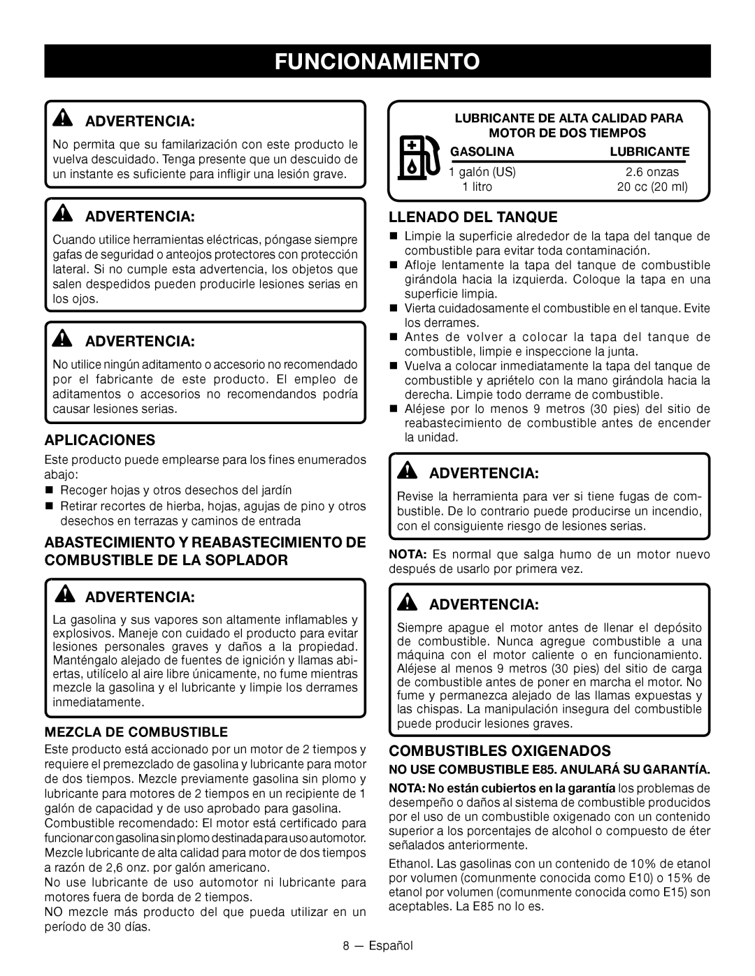 Ryobi RY09800 manuel dutilisation Funcionamiento, Aplicaciones, Llenado DEL Tanque, Mezcla DE Combustible 