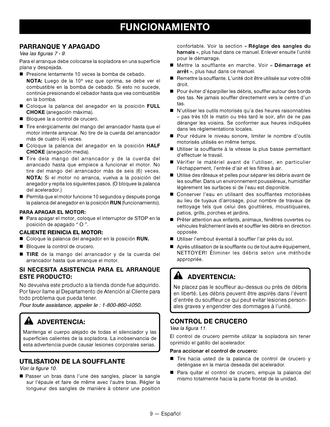 Ryobi RY09800 manuel dutilisation Parranque Y Apagado, Utilisation DE LA Soufflante, Control DE Crucero, Vea las figuras 7 