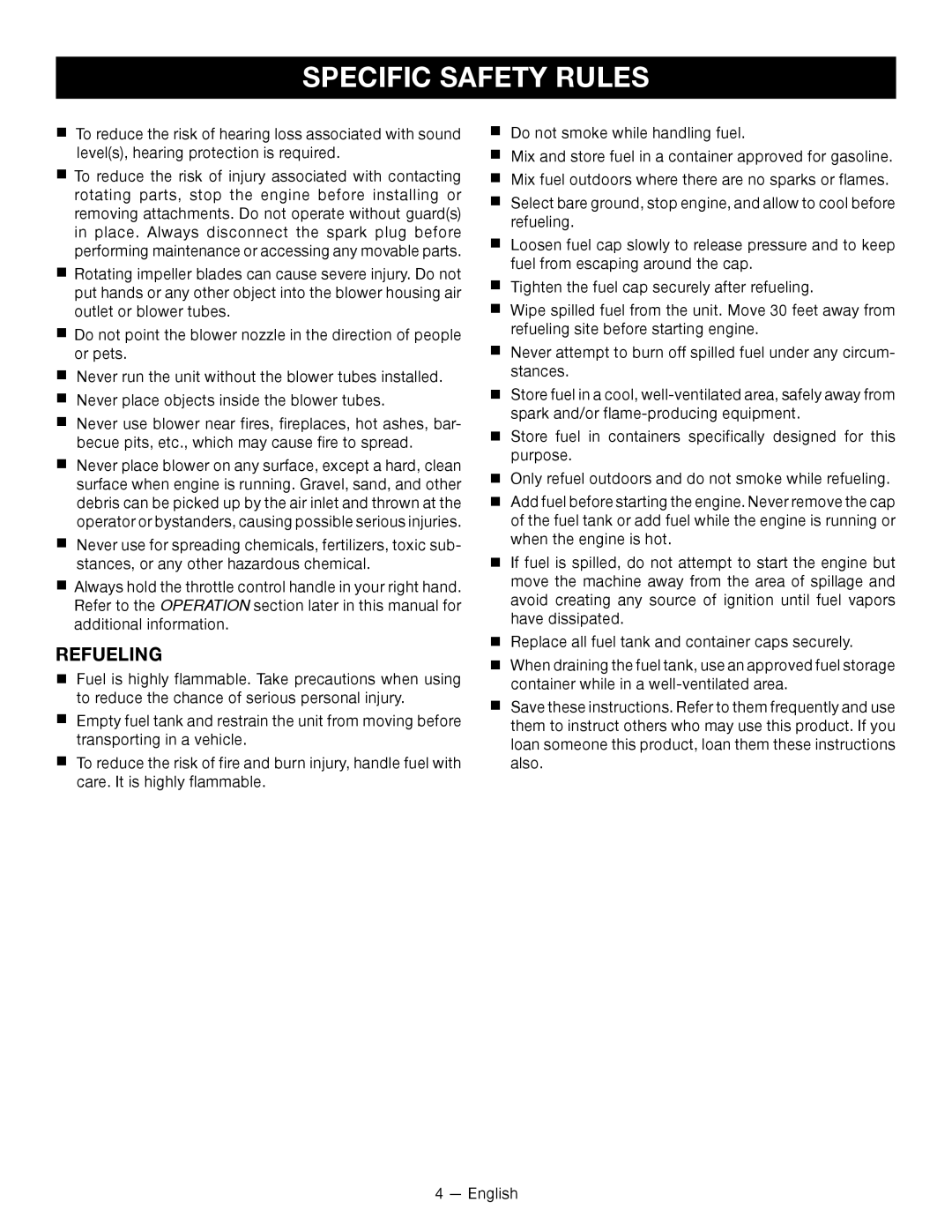 Ryobi RY09800 manuel dutilisation Specific Safety Rules, Refueling 